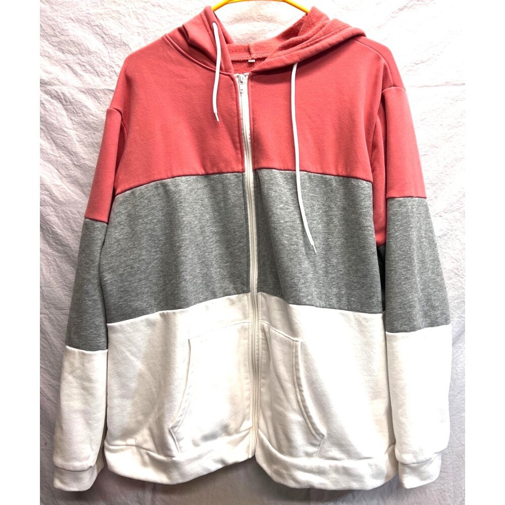 Colorblock Zip-Up Hoodie XXL Pink/Gray/White w Drawstring Hood and Pockets - Picture 2 of 5